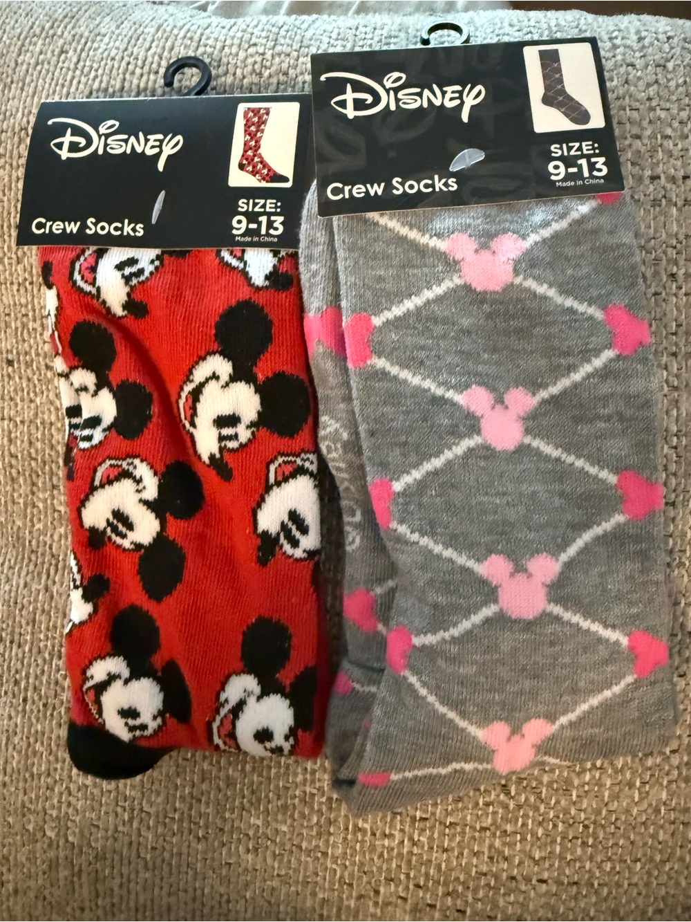Disney Kids Crew Socks - Red & Gray with Pink Mickey Accents